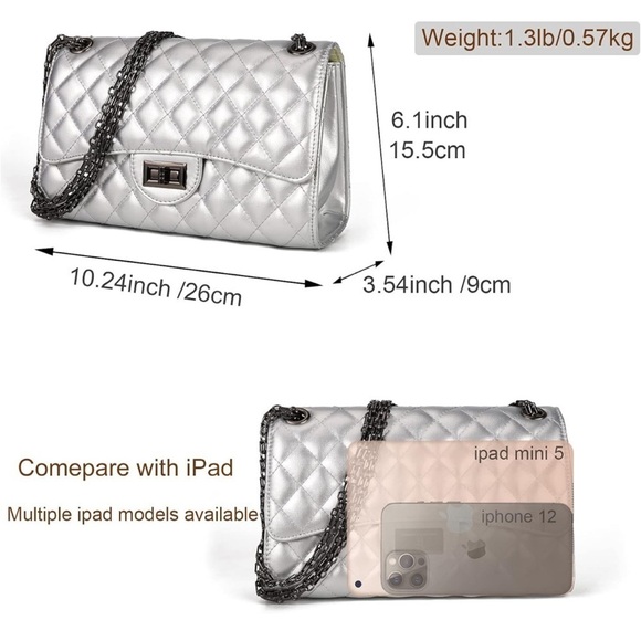 Women’s Silver Quilted Crossbody Flap Bag Chain Strap - Picture 7 of 8